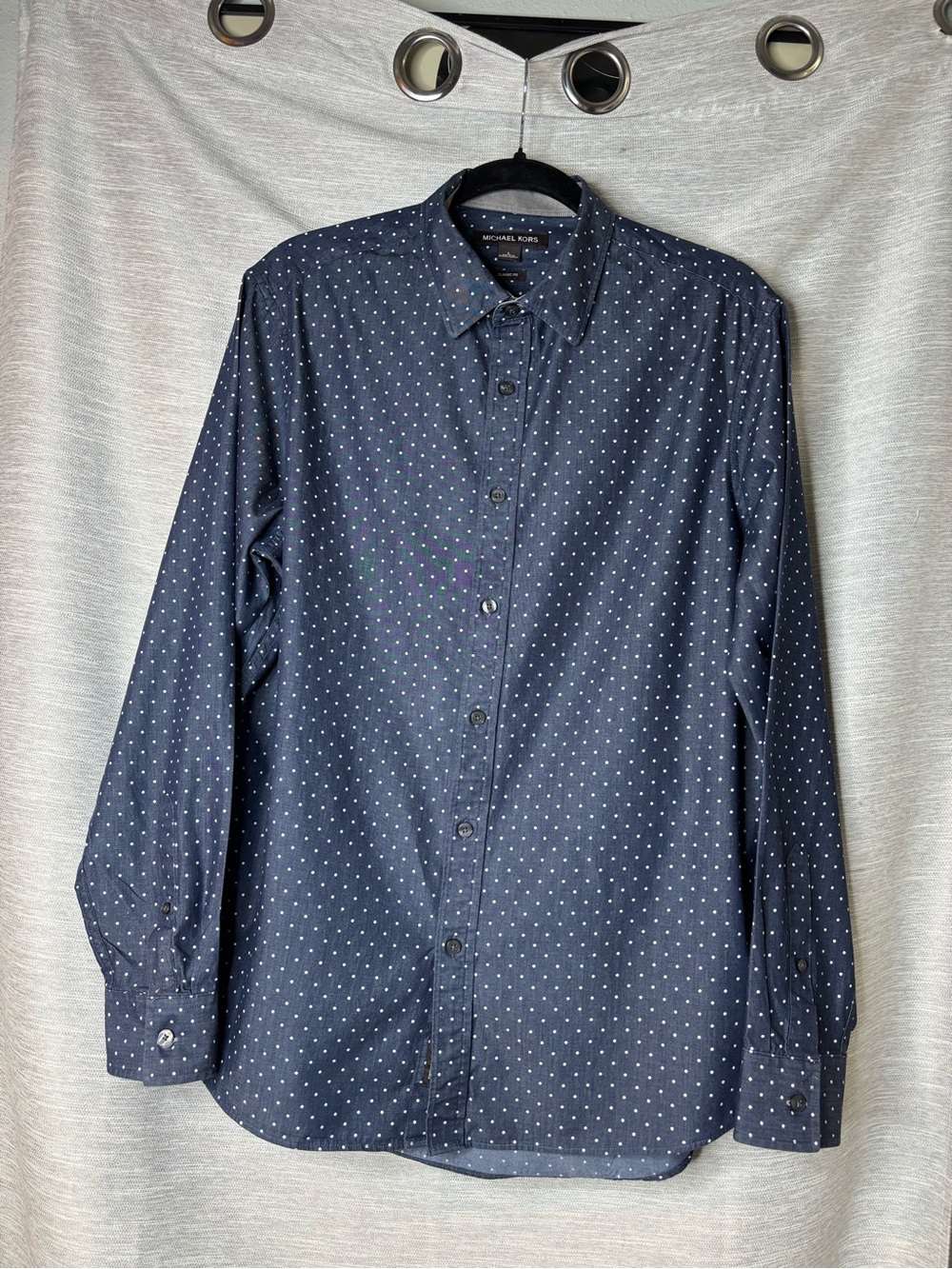 Michael Kors Men's Navy Button-Down Shirt with White Micro Dots